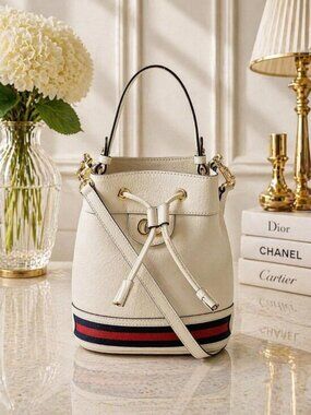 Authentic Gucci Ophidia Mini Bucket Bag White Leather GG Logo Crossbody